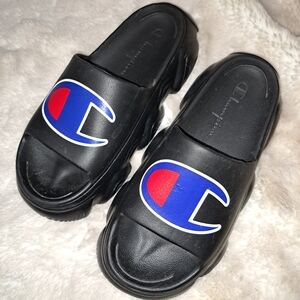 Champion Unisex Black Slide Sandals with Blue & Red Logo Accent